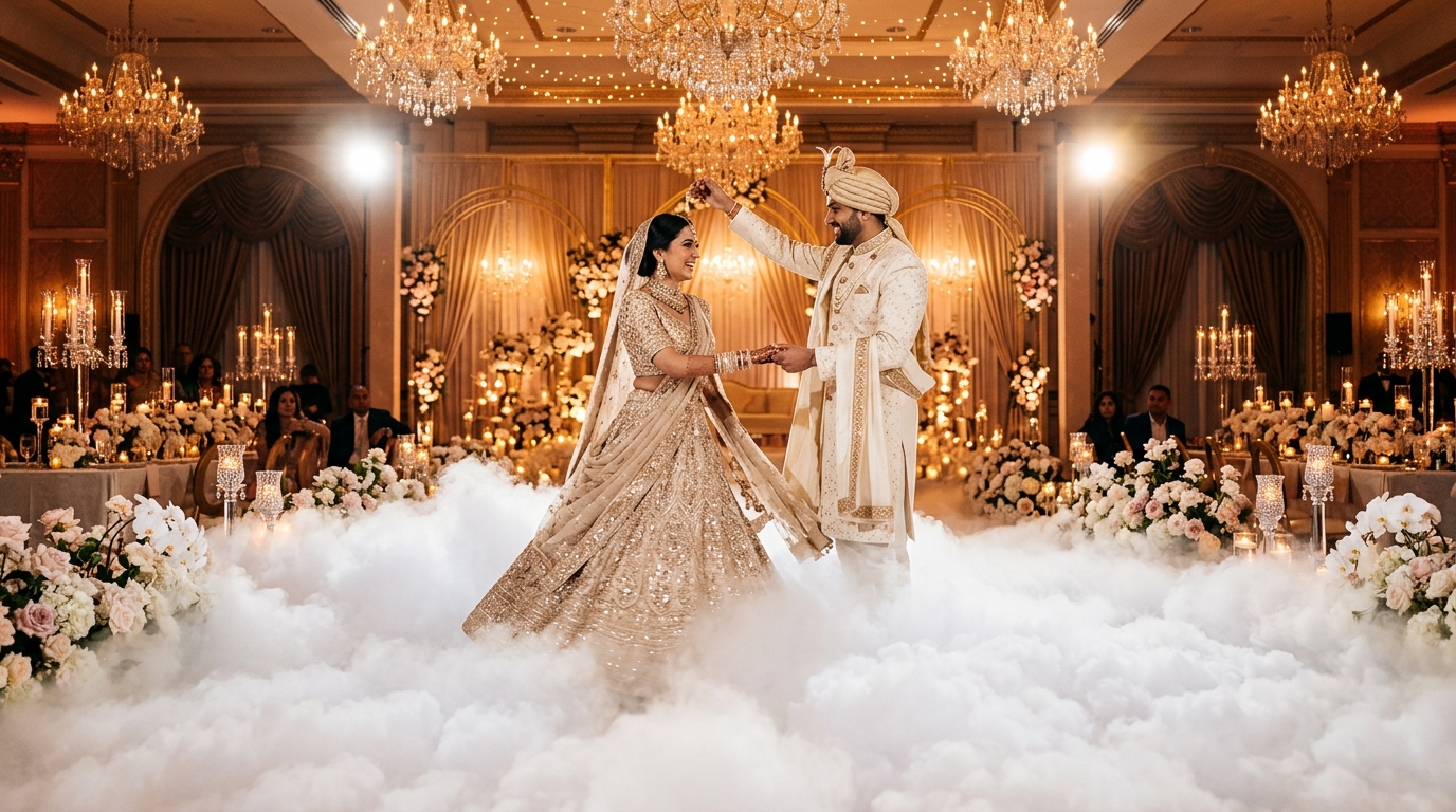 Heavy dry ice low fog cloud dance at wedding reception